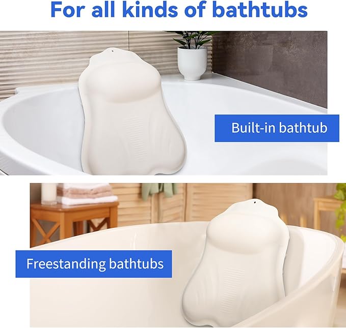 Goowin Bath Pillows for Tub, New Generation Skin-Friendly Silicone Bath Pillow, Luxury Bathtub Pillow for Head and Neck, Powerful Suction Tub Pillow for Bathtub with Inflatable Airbag (Off-White)