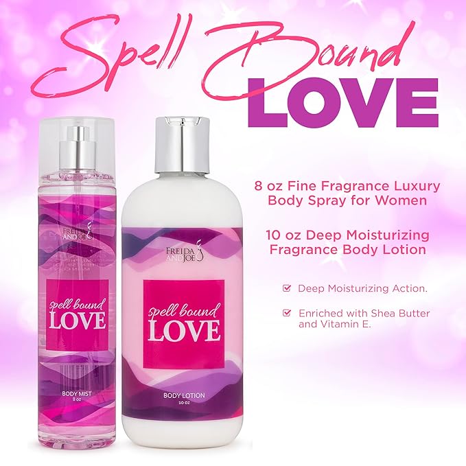 Home Spa Gift 10oz Deep Moisturizing Fragrance Body Lotion & 8 oz. Fine Fragrance Body Mist Set Luxury Self-Care Combo for Women and Girls (Spell Bound Love)