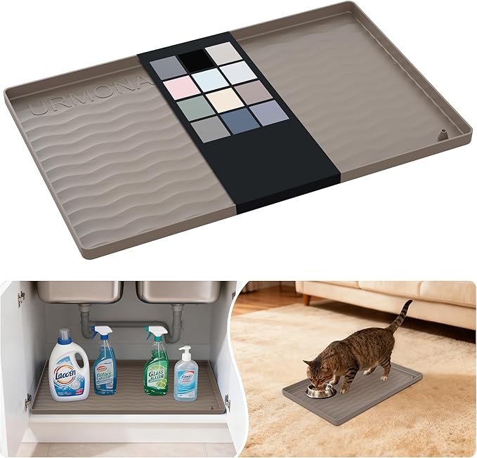 URMONA Waterproof Silicone Under Sink Mat 16'' x 10'' Shelf Liner for Kitchen and Bathroom, Cabinet and Counter Protector, Storage and Organizers, Litter Mat, Pet Cat Puppy Essentials(Beige)
