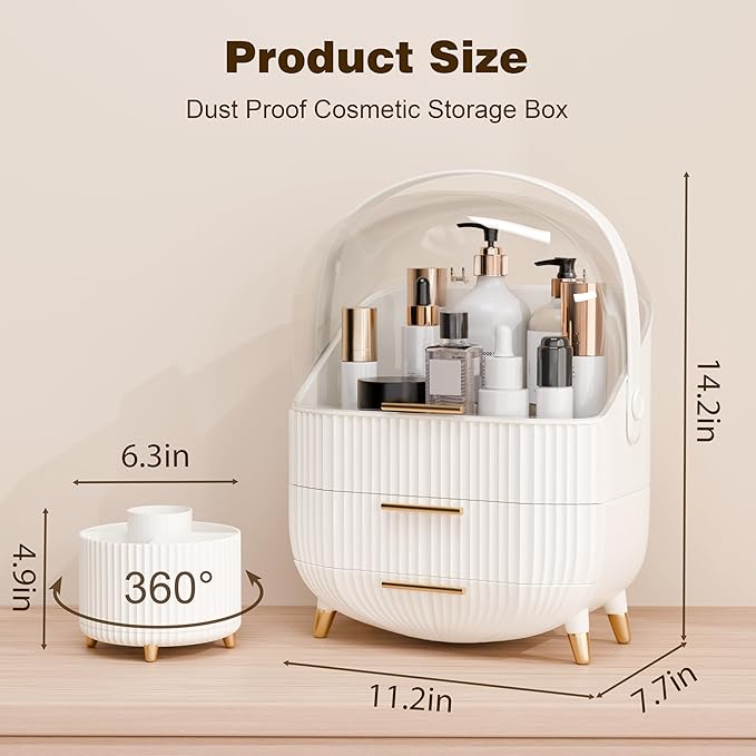 Makeup Organizers and Storage Make up Organizer for Vanity Cosmetics Skincare With Lid and Drawers Display Cases for Countertop Bathroom Women Teenager Girl Gifts(White+Brush Holder)