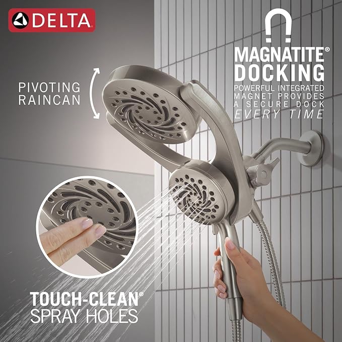 Delta 5-Setting HydroRain 2-in-1 Dual Shower Head with ProClean Spray, Brushed Nickel High Pressure Shower Head with Handheld Spray, 1.75 GPM Flow Rate, Satin Nickel 75419SN