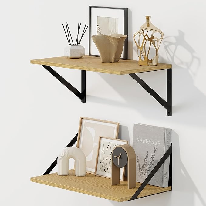 Fun Memories Deep Floating Shelves for Wall, 16W x 8D Wall Mounted Shelves Set of 2, Wide Display Ledge Shelf with Sturdy Metal Brackets for Living Room, Bathroom, Bedroom and Kitchen, Oak