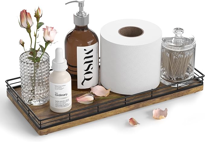 Bathroom Toilet Tank Tray, 13" Wood Storage Basket Back of Toilet Basket Organizer, Vanity Tray for Perfume Makeup Candle Kitchen Counter Coffee Table Bar Decor Rustic