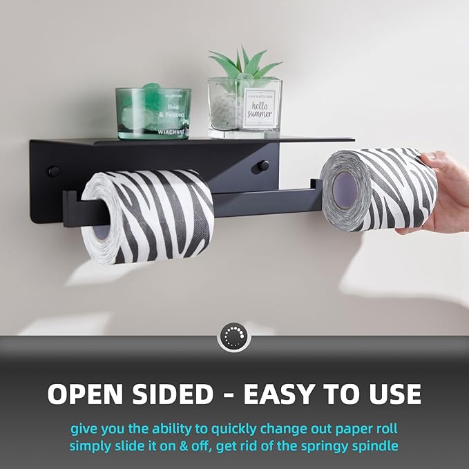 Angle Simple Matte Black Toilet Paper Holder with Shelf, 304 Stainless Steel Double Toilet Tissue Roll Holder for Wall