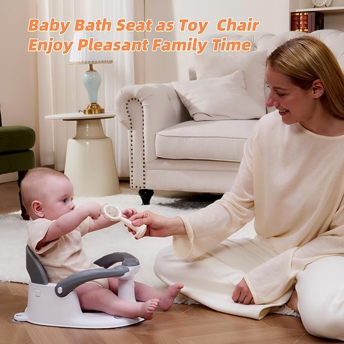 Baby Bath Seat for Babies 6 Months & Up Sitting Up,Infant Bath Seat with Temperature Alert+Open Backrest+on/Off Armrest,Toddler Bath seat Baby Bath Chair for Bathtub,Tub,Sink Grey