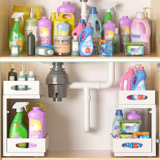 Under Sink Organizer, 1 Pack 2 Tier Metal Slide Out Pull Out Cabinet Organizer Shelf, Height Adjustable Organization and Storage Series, Bathroom/Desktop/Cabinet/Kitchen organization, White