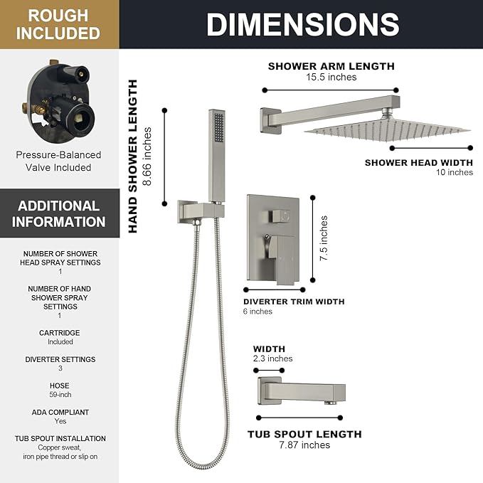 Lava Odoro Modern 3-Setting Square Shower and Tub Faucet Set with Shower Head and Handheld Sprayer Brushed Nickel, Rainfall Shower System with Tub Spout, Shower Valve Trim Kit, SF103-BN-T