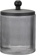 Gray Colored Tranlucent Apothecary Ribbed Geo Etched Glass Jar W/Matte Black Metal Lid Cover for Bathroom Organization, Cotton Balls, Q Tips, and Small Accessories, Bathroom Storage