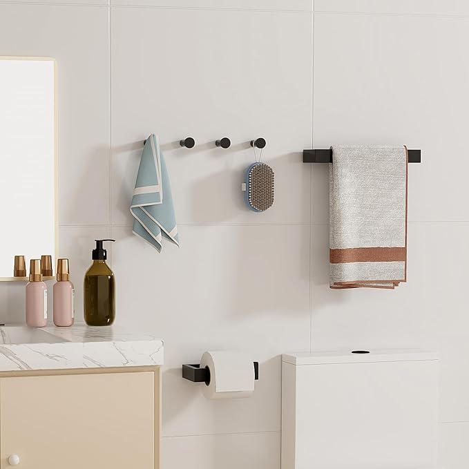 SAYAYO 6-Piece Bathroom Hardware Set Black, Includes 10 Inch Towel Bar, Toilet Paper Holder & 4Pcs Coat Hooks Wall Mount, Towel Racks for Bathroom Accessories Set SUS304 Stainless Steel