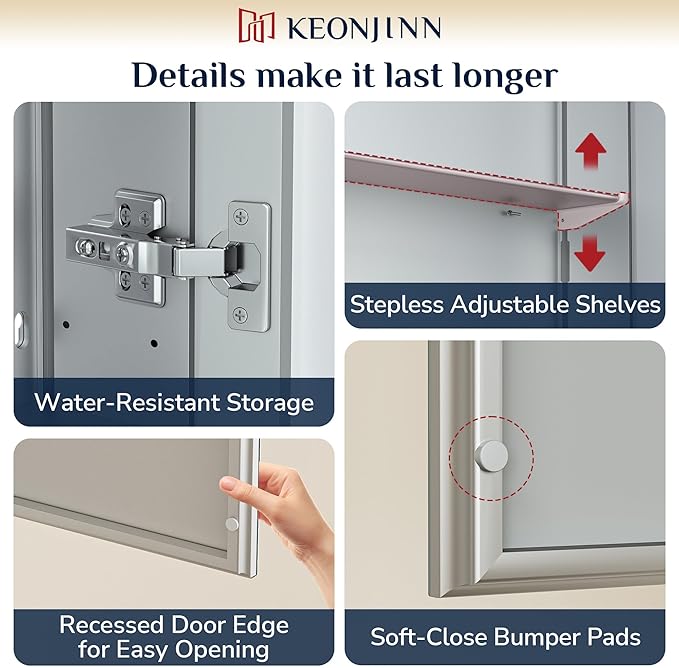 Keonjinn 20 x 26 Inch Medicine Cabinet for Bathroom, Silver Mirrored Medicine Cabinet, Assembly Required, Freely Adjustable Shelves, Tempered Glass, in Wall or Surface Mount
