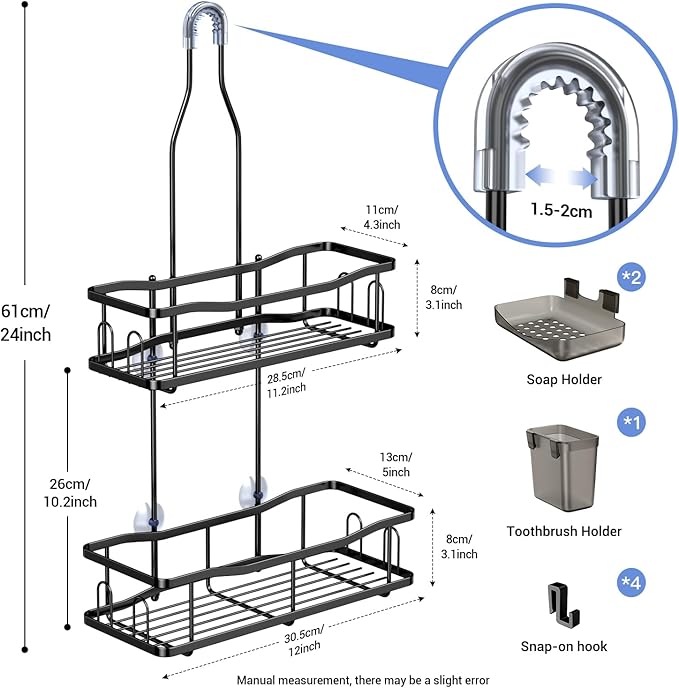 Hanging Shower Caddy Bathroom Organizer: Rustproof Shower Shelf Racks Over Shower Head - No Drilling Inside Bath Shower Rack Shelves Over Showerhead for Shampoo with Soap Holder Black