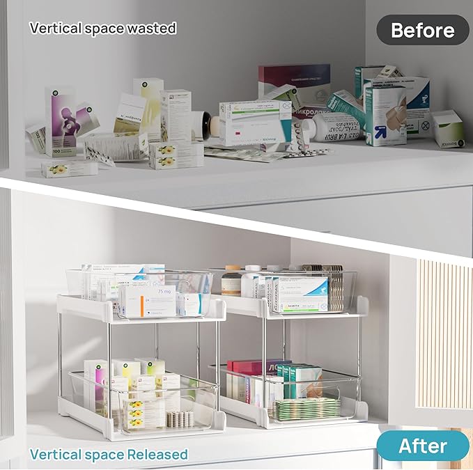 Vtopmart 2 Pack Bathroom Organizer, 2 Tier White Under Sink Organizers Vanity Countertop Storage Container,Cabinet Drawers Bins, Pull-Out Organization with Track for Pantry, Kitchen