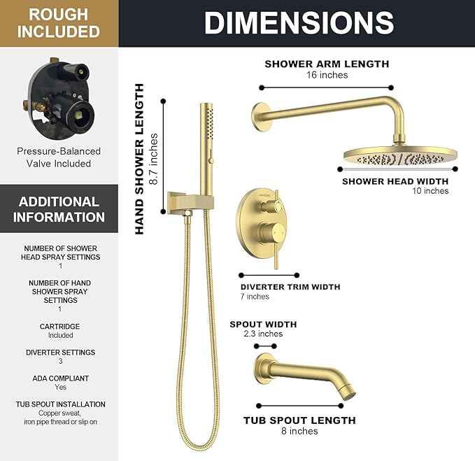 Lava Odoro Modern 3-Setting Round Rain Bathtub and Shower Faucet Set, Gold Rainfall Shower Head and Handle Set, Rain Shower System with Tub Spout, Shower Valve Trim Kit, Brushed Gold, SF104-SG-T