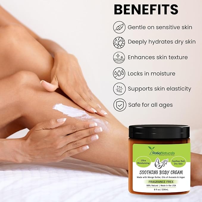 RaGaNaturals Mango Butter Moisturizing Hand & Body Cream for Dry to Very Dry, Sensitive Skin - Natural Vitamin E Face Cream - Non-Comedogenic, Unscented Lotion for Dry Skin for Women, Men, Baby - 8 Oz