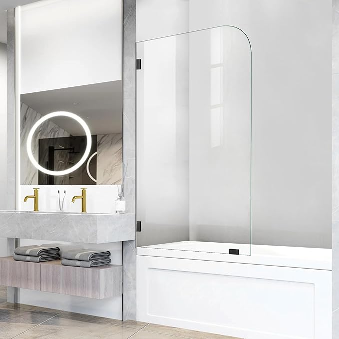 Bathtub Shower Door, 30" W X 58" H Fixed Tub Glass Panel with Clamps, 1/4"(6mm) Clear Tempered Frameless Shower Glass Door, Tub Shower Doors in Matte Black