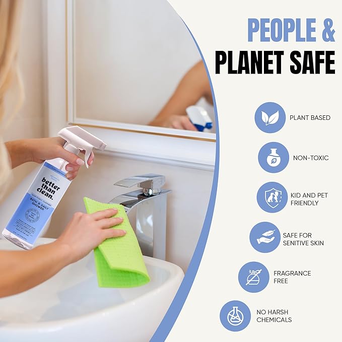 Better Than Clean™ Bath and Shower Cleaner Starter Pack – Fragrance Free, Plant-Based, Non-Toxic, Bathroom Cleaner with 8oz Concentrate & 16oz Empty Refillable Spray Bottle