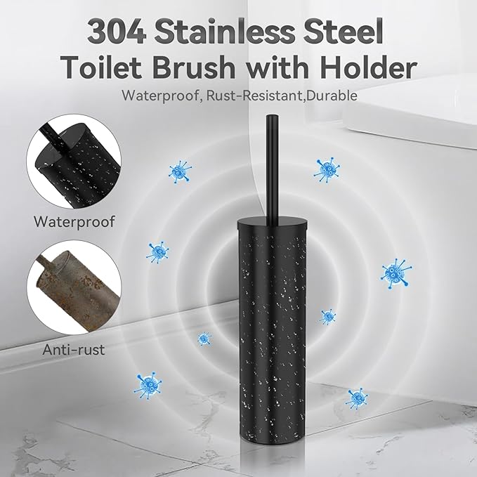 DOWRY Toilet Brush and Holder for Bathroom Storage Organization Deep Cleaning Covered Brush Cleaner Black Toilet Brush with 2 Brush Holders,Black Round