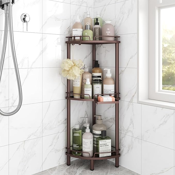 ELYKEN Corner Shower Caddy Standing, 3 Tier Rustproof Metal Shower Organizer with Soap Holder, Floor Shower Corner Shelf Rack Storage Stands with Adjustable Feet & 2 Hooks for Bathroom, Bronze
