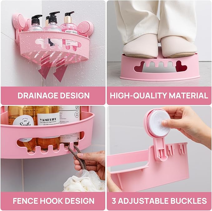 LEVERLOC Corner Shower Caddy Suction Cup, Shower Caddy Basket Powerful Suction Bathroom, Waterproof & Rustproof Organizer for Bathroom Storage, No-Drilling Removable (Pink)