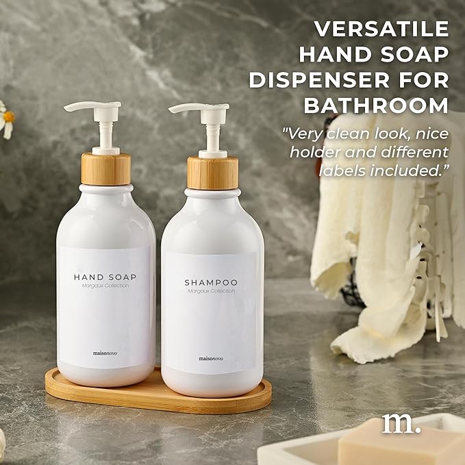 Maisonovo Plastic Soap Dispenser Set | Hand Soap and Dish Soap Dispenser Set | 16.9oz Amber Bottles with Black Bamboo Pump | Bathroom Lotion Dispenser with Pump Set of 2