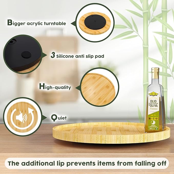 Lazy Susan Organizer, 13.2 Inch Non-Skid Bamboo Lazy Susan for Kitchen Table cabinets Closets and Kitchen Islands, Wood Turntable for Kitchen Countertop Organizer