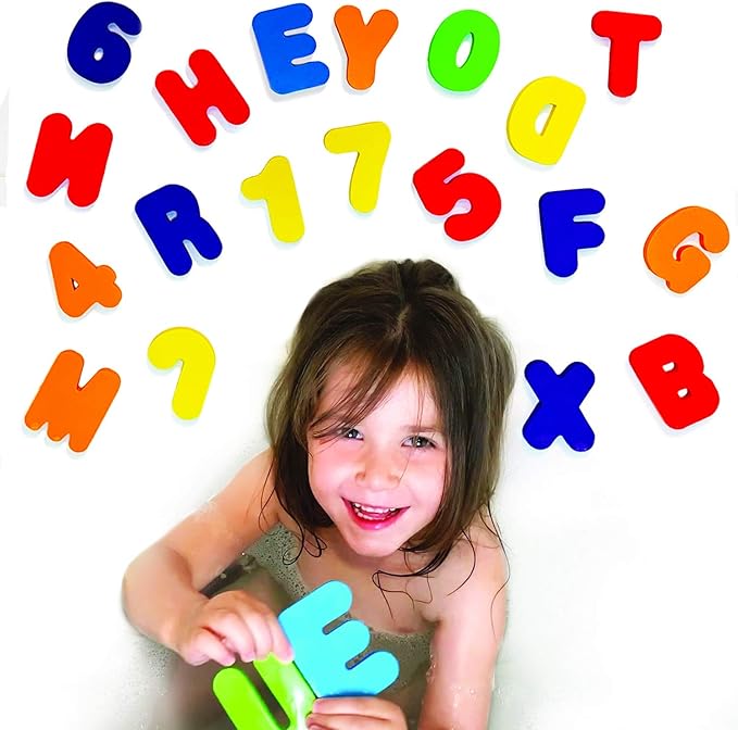 BabyBibi 36 PCS Stick-On Foam Bath Letters and Numbers - Non-Toxic, BPA Free, No Mold Bath Tub Toys - Colorful, Educational, Fun ABC Bath Toys for Toddlers & Babies
