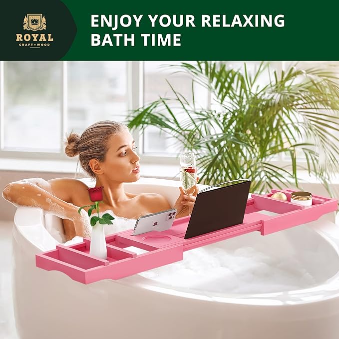 ROYAL CRAFT WOOD Non-Foldable Bathtub Tray - Wood Bath Tray for Tub, Bamboo Bathtub Shelf, Expandable Bath Table Trays, Luxury Bathroom Accessories for New Home & Unique Gift for Women