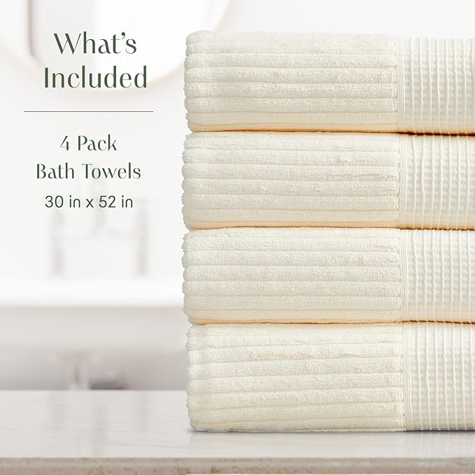 Springtree Home 100% Cotton Bath Towel Set of 4 | Super Soft & Absorbent with Quick-Dry Fibers | 4 Bath Towels | Textured and Durable Cotton | Krista Collection (Cream)