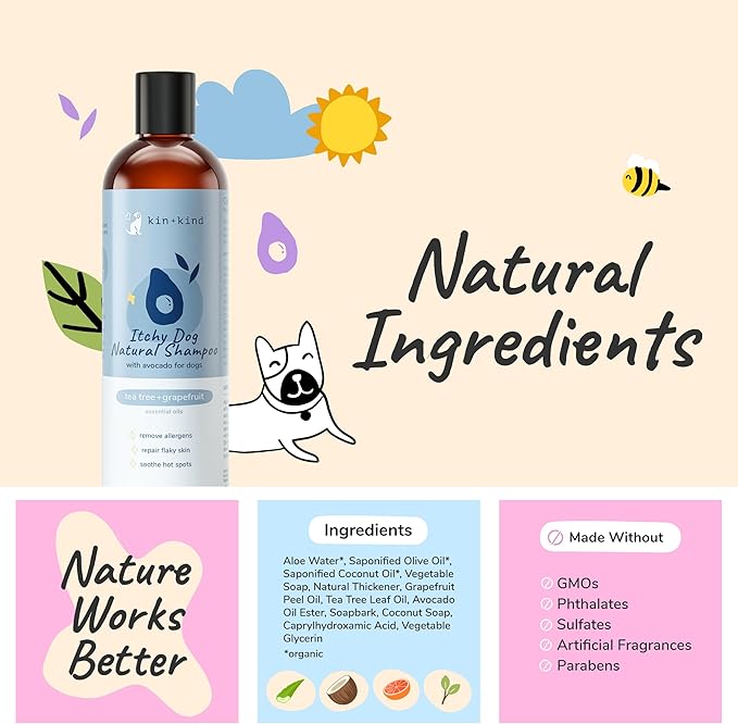 kin+kind Organic Dog Shampoo Itchy Skin Relief – Natural Dog Shampoo for Dry, Sensitive Skin – Moisturizing Formula with Coconut Oil, Olive Oil & Tea Tree – Grooming Supplies – Made in USA (12 fl oz)