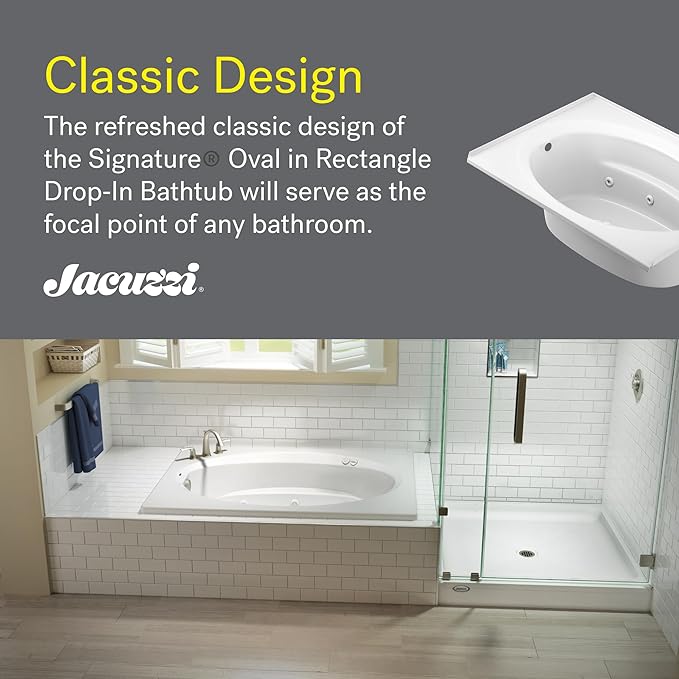 Jacuzzi SIGNATURE Acrylic Drop-In Bathtub, Soaking Sanctuary, Slip Resistant, Left Drain Placement, 60" (L) x 42" (W), Oval In Rectangle, 3-Tile Flange, White