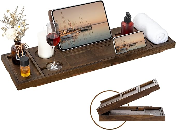 Teak Bathtub Tray - Luxury Bath Tray with Expandable Handles, Wine Glass and Phone Holders, Book Stand - Perfect for Home Spa Relaxation and Reading - Natural Bath Accessories - Dark Walnut Color