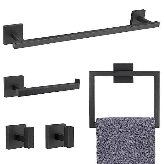 YACVCL Black Towel Bar Set 5-Piece Bathroom Hardware Accessories Set,SUS304 Stainless Steel Towel Rack Set,23.6 Inch Towel Bar,Toilet Paper Holder,Towel Ring and Towel Hooks,Wall Mounted