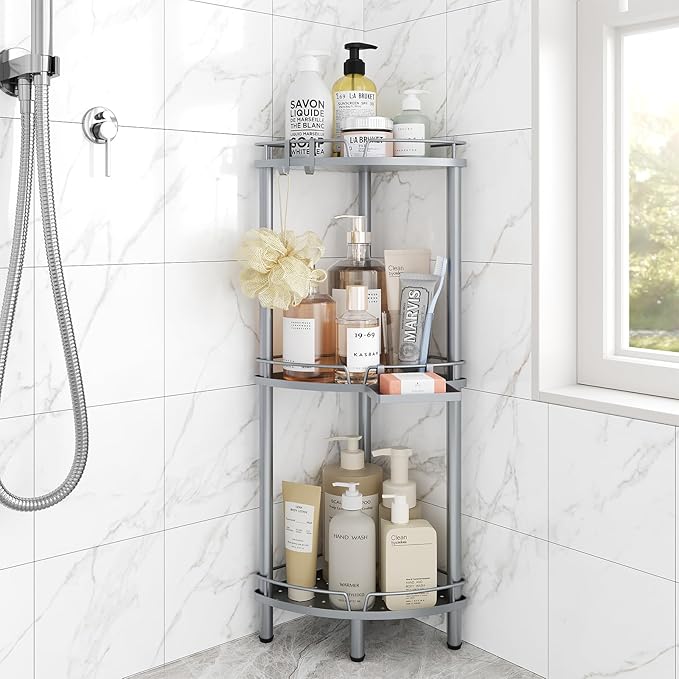 ELYKEN Corner Shower Caddy Standing, 3 Tier Rustproof Metal Shower Organizer with Soap Holder, Floor Shower Corner Shelf Rack Storage Stands with Adjustable Feet & 2 Hooks for Bathroom, Silver
