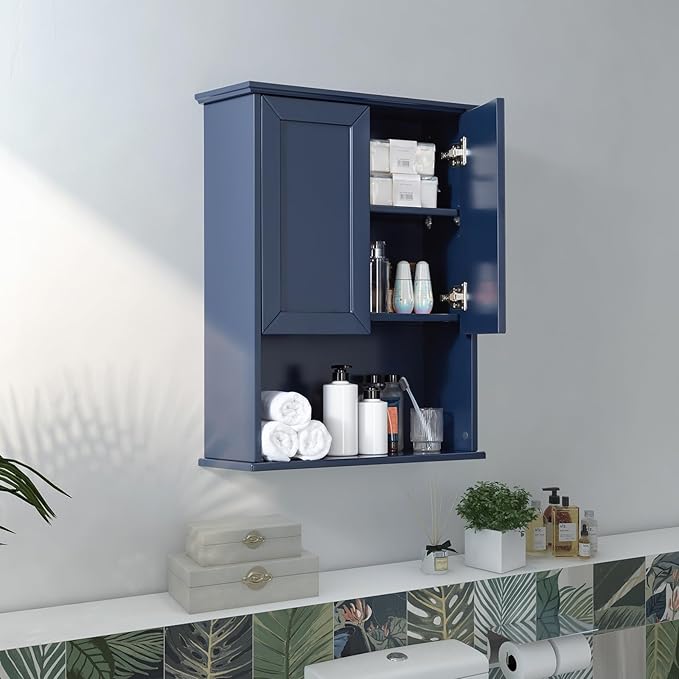 Navy Blue Bathroom Cabinet Wall Mounted with 2 Doors and Adjustable Shelf, 23"x29" Wooden Medicine Cabinet Over Toilet Storage Wall Hanging Cabinets for Bathroom,Bedroom,Kitchen,Laundry Room