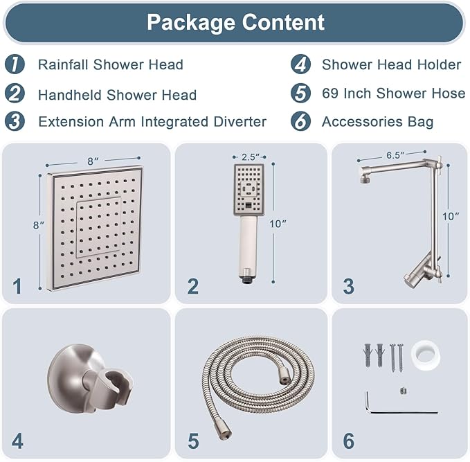 BRIGHT SHOWERS High Pressure Rain Shower Head Combo with Double Extension Arm, 8 Inch Rainfall Shower Head with Handheld Spray, Height Adjustable Dual Square Showerhead Set, Brushed Nickel