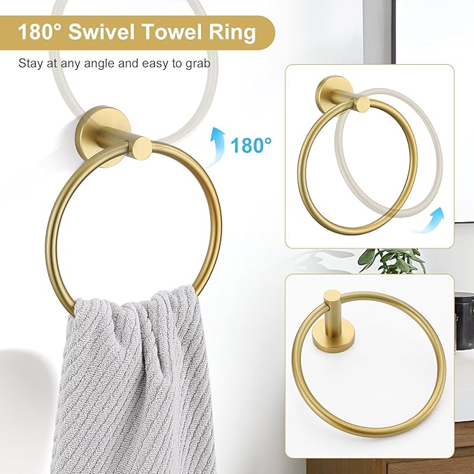 TQKAG 8-Pieces Bathroom Hardware Set Brushed Gold SUS304 Stainless Steel Bath Towel Bar Set 23.6 Inch Round Bathroom Accessories Kit Wall Mounted