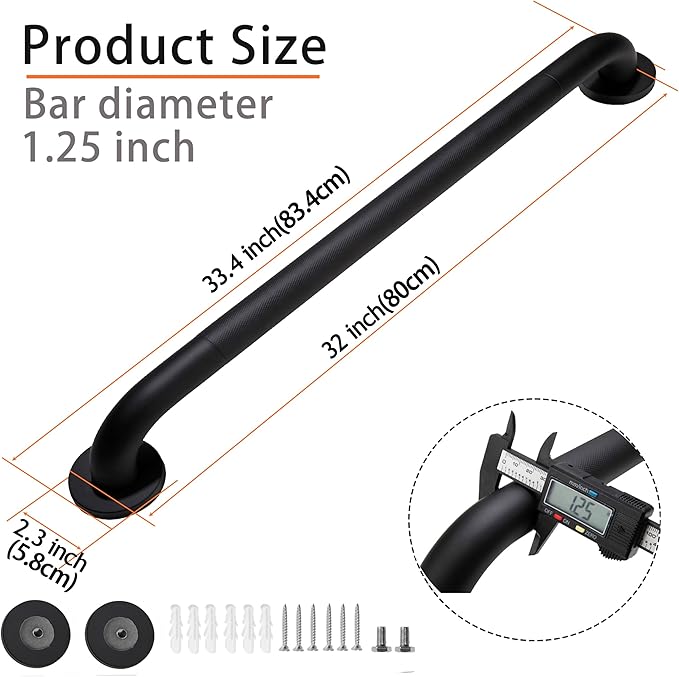 Shower Grab Bar, 2 Pack 32 Inch Black Bathroom Grab Bar, 1.25" Diameter 304 Stainless Steel Anti-Slip Grab Bars for Bathtubs and Showers, Handicap Shower Grab Bar for Seniors Elderly