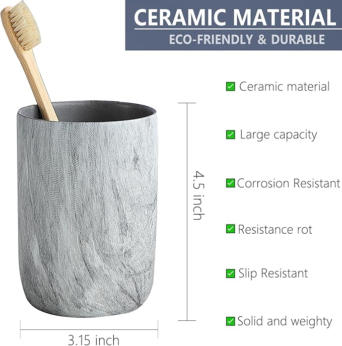 Marble Grey Toothbrush Holders - 2 Ceramic Toothbrush Holders for Bathrooms Toothbrush Toothpaste Holders Set, Grey Bathroom Tumbler Cups Reusable Toothbrush Mouthwash Cup, Bathroom Counter Organizer.