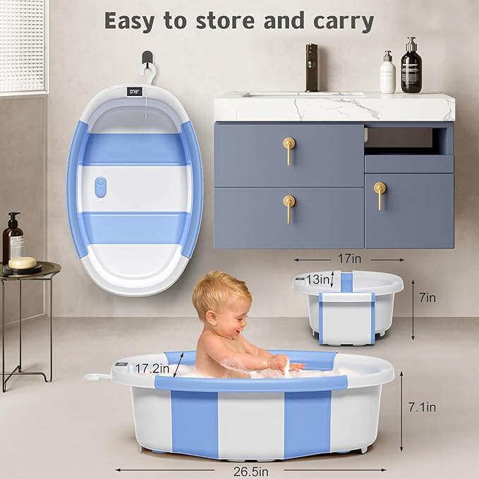Collapsible Baby Bathtub for Newborn to Toddler 0-36 Months,Spacious Foldable Infant Bath Tub with Thermometer,Cushion & Drain Hole,Portable Travel Tub, Baby Shower Gift Blue