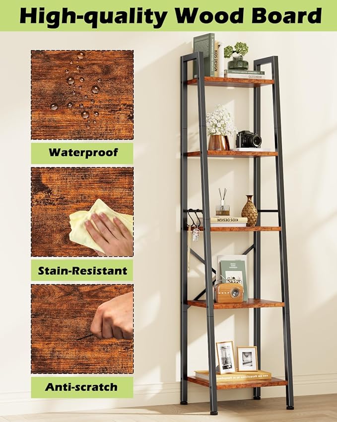Furologee 5 Tier Ladder Shelf Bookcase, Tall Narrow Bookshelf with 2 Hooks, Rustic Brown Bathroom Corner Book Shelf, Metal Wood Book Case Standing Unit, Display Shelf for Living Room Office Kitchen