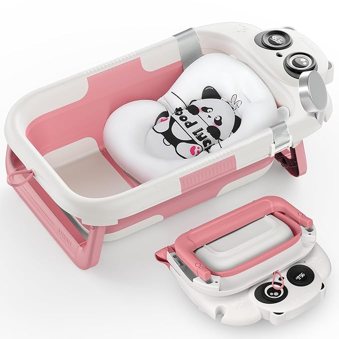 Foldable Baby Bathtub, Lightweight Bathtub for Infants to Toddlers with Soft Cushion & Thermometer, Portable Baby Tub Newborn to Toddler 0-24 Months(Pink)