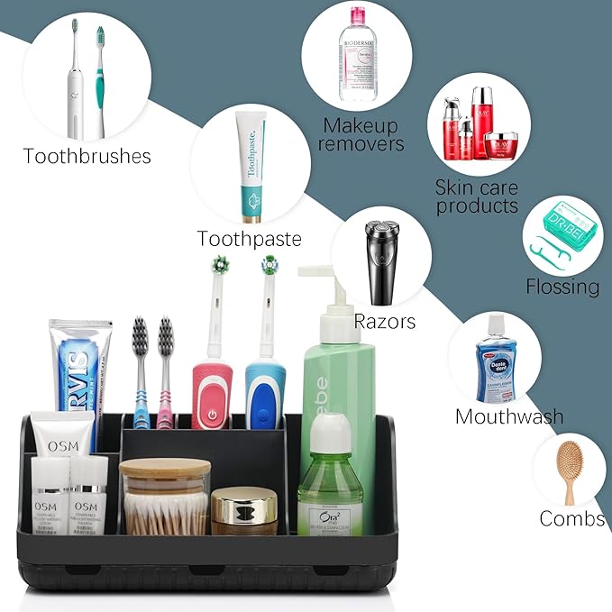 Black Toothbrush Holder - 7 Slots Bathroom Organizer Countertop with Drainage Matte Black Electric Toothbrush and Toothpaste Holder for Bathroom Accessories Organization Vanity Sink Storage