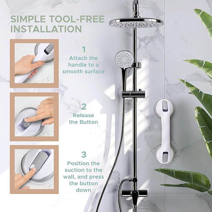 Grab Bars for Bathtubs and Showers, Heavy Duty Shower Handle 2 Pack 12 Inch for Elderly Assistance Products Seniors Suction Cup Removable Handrails Handicap Bath Grip Bathroom Safety Grips No Drilling