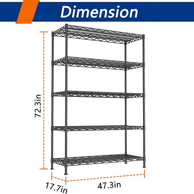 REGILLER 5-Wire Shelving Metal Storage Rack Adjustable Shelves,17.7" D×47.3" W×72.3" H Standing Storage Shelf Units for Laundry Bathroom Kitchen Pantry Closet