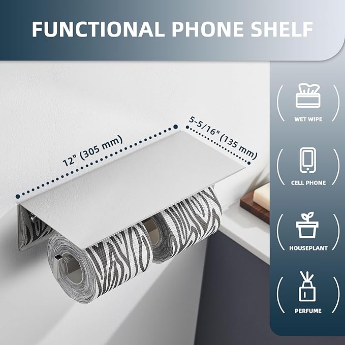 Angle Simple Double Toilet Paper Holder with Shelf Polished Chrome, 304 Stainless Steel Toilet Tissue Roll Holder Wall Mount