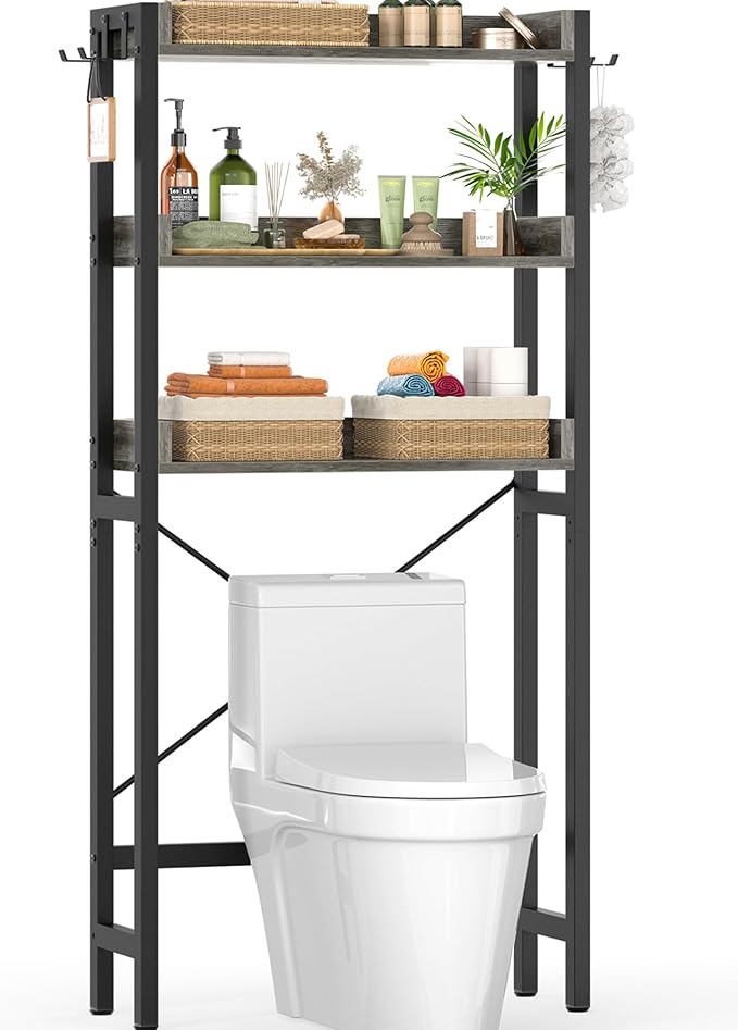 Ecoprsio Over-The-Toilet Storage Rack, 3-Tier Bathroom Organizer Shelf Over Toilet, Freestanding Space Saver Toilet Stands with 4 Hooks, Grey