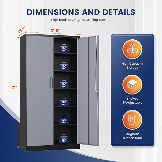 Yizosh Metal Garage Storage Cabinet with 2 Doors and 5 Adjustable Shelves - 71" Steel Lockable File Cabinet,Locking Tool Cabinets for Office,Home,Garage,Gym,School (Gray Black)