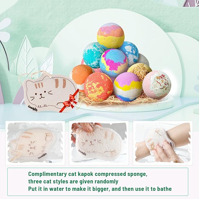 Leafgift Bath Bombs Gift Set, 12pcs Handmade Bath Fizzies with Natural Sea Salt Cocoa & Shea Butter, Perfect for Bubble Bath Spa, Moisturizing Dry Skin, Stress Relief, Best Gift for Women, Men