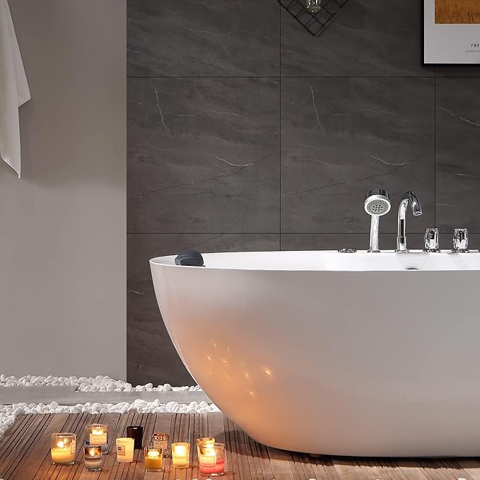 Empava 67 Inch Freestanding Whirlpool Tub -Hydromassage Gracefully Oval Shaped Stand Alone Jetted Bathtub with 7 Hydromassage Nozzles, Boat Shape, Hydromassage, Acrylic,ETL Certified