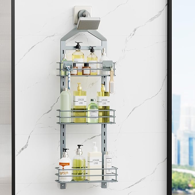 Orimade Adjustable Anti-slip Shower Caddy Overhead, Rustproof Hanging Shower Organizer With 2 Razor Hooks - No Drilling, 3-Tier Shelves, Silver Grey